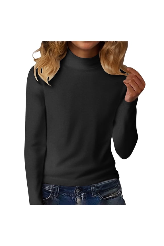 Womens Long Sleeve Mock Neck Tunic Top - Solid Color Pullover Layering Soft Stretch Breathable Casual Basic Everyday Fashion Wear Black M