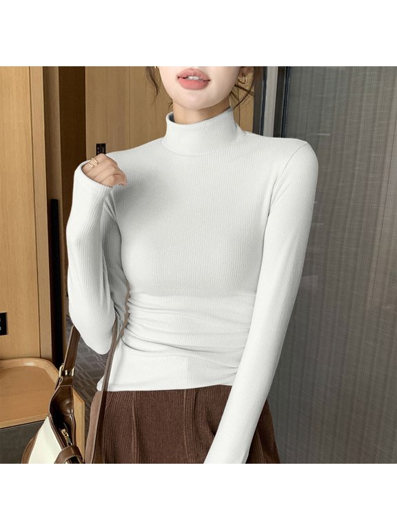 Womens Long Sleeve Mock Turtleneck Ruched Basic Slim Fitted Ribbed Knit Thermal Tops,Modest Asymmetrical High Neck Fitted Elegant Dressy Shirt,Cinched Waist,Fall Clothes Beige XXL