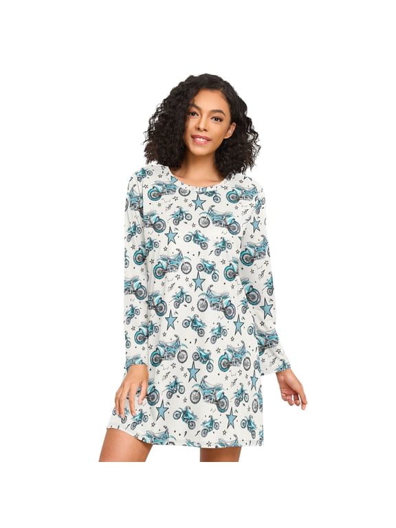 Womens Long Sleeve Motorcycle Blue Pattern Printed Nightgown Loose Round Neck A-Line Sleep Shirt Dress Casual Above Knee Loungewear