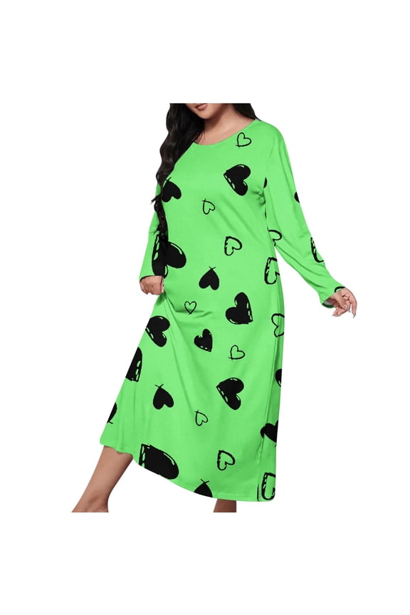 Womens Long Sleeve Nightgown Casual Crewneck Heart Sleep Tshirts Dress Sleepwear Soft Pullover Nightdress Green, XL