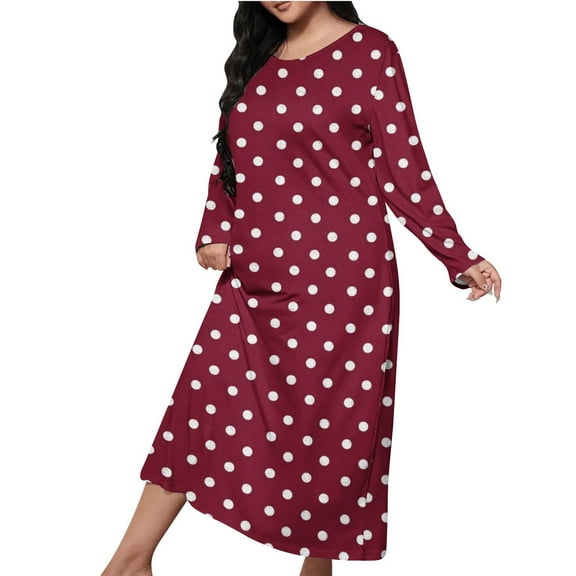 Womens Long Sleeve Nightgown Casual Crewneck Polka Dot Sleep Tshirts Dress Sleepwear Soft Pullover Nightdress Wine, 5XL