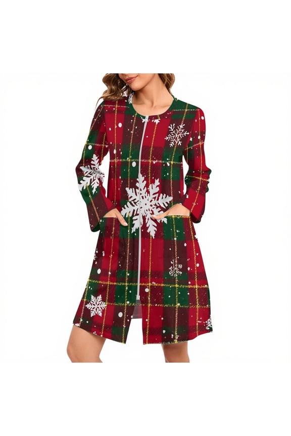 Womens Long Sleeve Nightgown Chritsmas Holiday Zip-Up Night Dress Knee Length Xmas Funny Sleepwear Gown Red, L