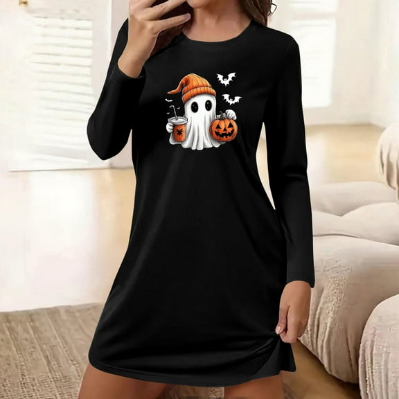 Womens Long Sleeve Nightgowns Sleep Shirts Halloween Cute Printed Loungewear Nightgown Short House Dresses Black XXL