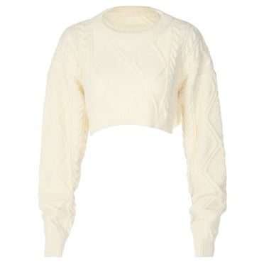 Womens Long Sleeve O-Neck Chunky Knitted Crop Top Solid Color Oversized Loose Ultra Short Pullover Sweater Tee Shirts