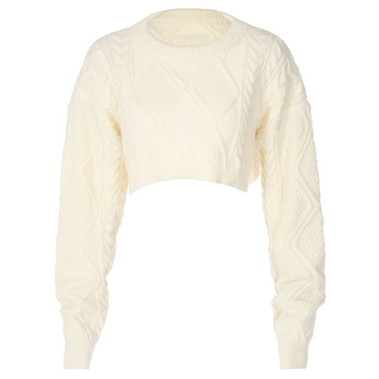 Womens Long Sleeve O-Neck Chunky Knitted Crop Top Solid