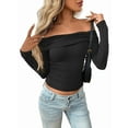 thumbnail image 1 of Womens Long Sleeve Off Shoulder Shirts Tight Fitted Y2K Ruched Tee Tops Blouses 2025 Trendy Outfits Black S, 1 of 7