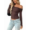 thumbnail image 1 of Womens Long Sleeve Off Shoulder Shirts Tight Fitted Y2K Ruched Tee Tops Blouses 2025 Trendy Outfits Coffee Color XL, 1 of 8