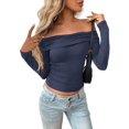 thumbnail image 1 of Womens Long Sleeve Off Shoulder Shirts Tight Fitted Y2K Ruched Tee Tops Blouses 2025 Trendy Outfits Navy Blue L, 1 of 7