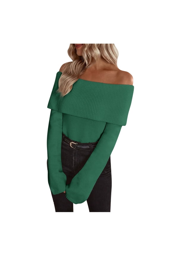 Womens Long Sleeve Off The Shoulder Lapel Sweater Casual Solid Color Fall Winter Sweaters Tops