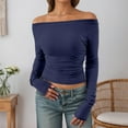 thumbnail image 1 of Womens Long Sleeve Off The Shoulder Tops Y2K Fall Fashion Outfits (Navy M), 1 of 4
