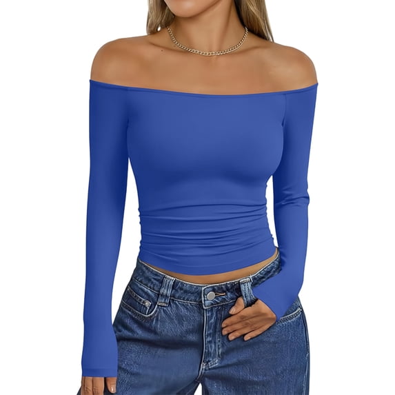 Womens Long Sleeve Off the Shoulder Tops Going Out Cute Basic Y2K Fall Fashion 2026 Outfits Clothes Blue L