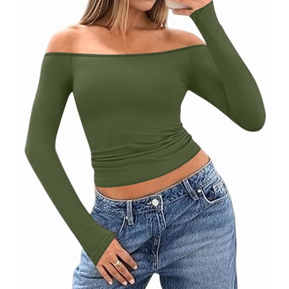 Womens Long Sleeve Off the Shoulder Tops Going Out Cute Basic Y2K Fall Fashion 2026 Outfits Clothes Green S