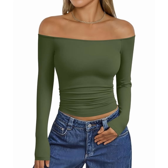 Womens Long Sleeve Off the Shoulder Tops Going Out Cute Basic Y2K Fall Fashion 2026 Outfits Clothes Green S
