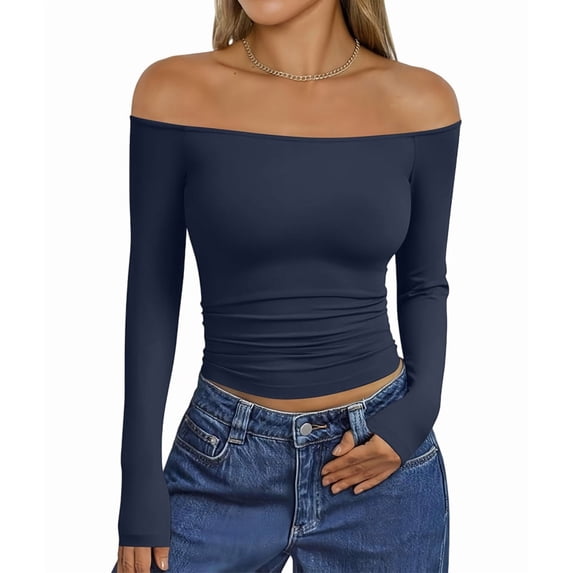 Womens Long Sleeve Off the Shoulder Tops Going Out Cute Basic Y2K Fall Fashion 2026 Outfits Clothes Navy Blue L