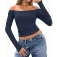 thumbnail image 1 of Womens Long Sleeve Off the Shoulder Tops Going Out Cute Basic Y2K Fall Fashion 2026 Outfits Clothes Navy Blue S, 1 of 9