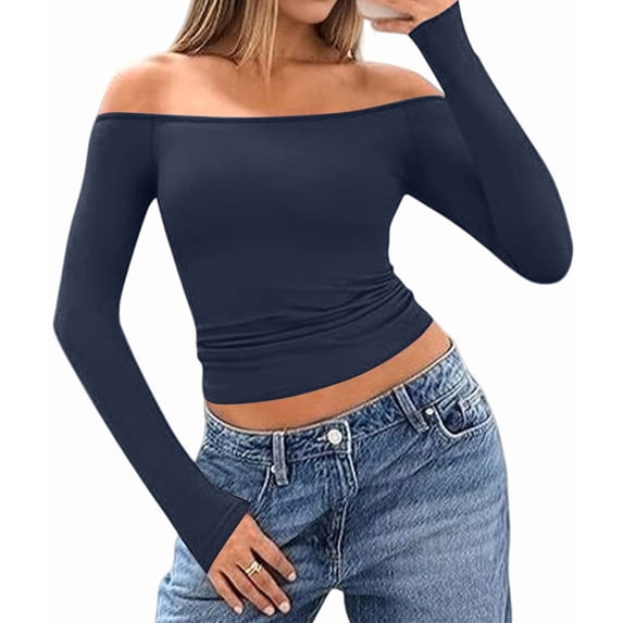 Womens Long Sleeve Off the Shoulder Tops Going Out Cute Basic Y2K Fall Fashion 2026 Outfits Clothes Navy Blue S