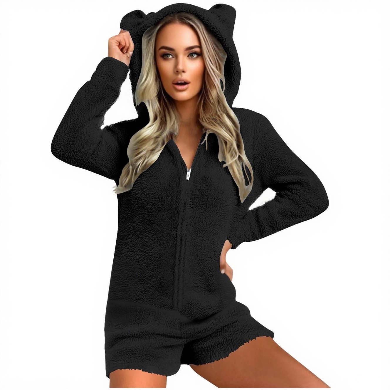 Womens Long Sleeve Onesies Pajamas Fuzzy Zip-Up Hooded Romper Warm Short Playsuit Jumpsuit Fleece Sherpa Sleepwear Black, XXL