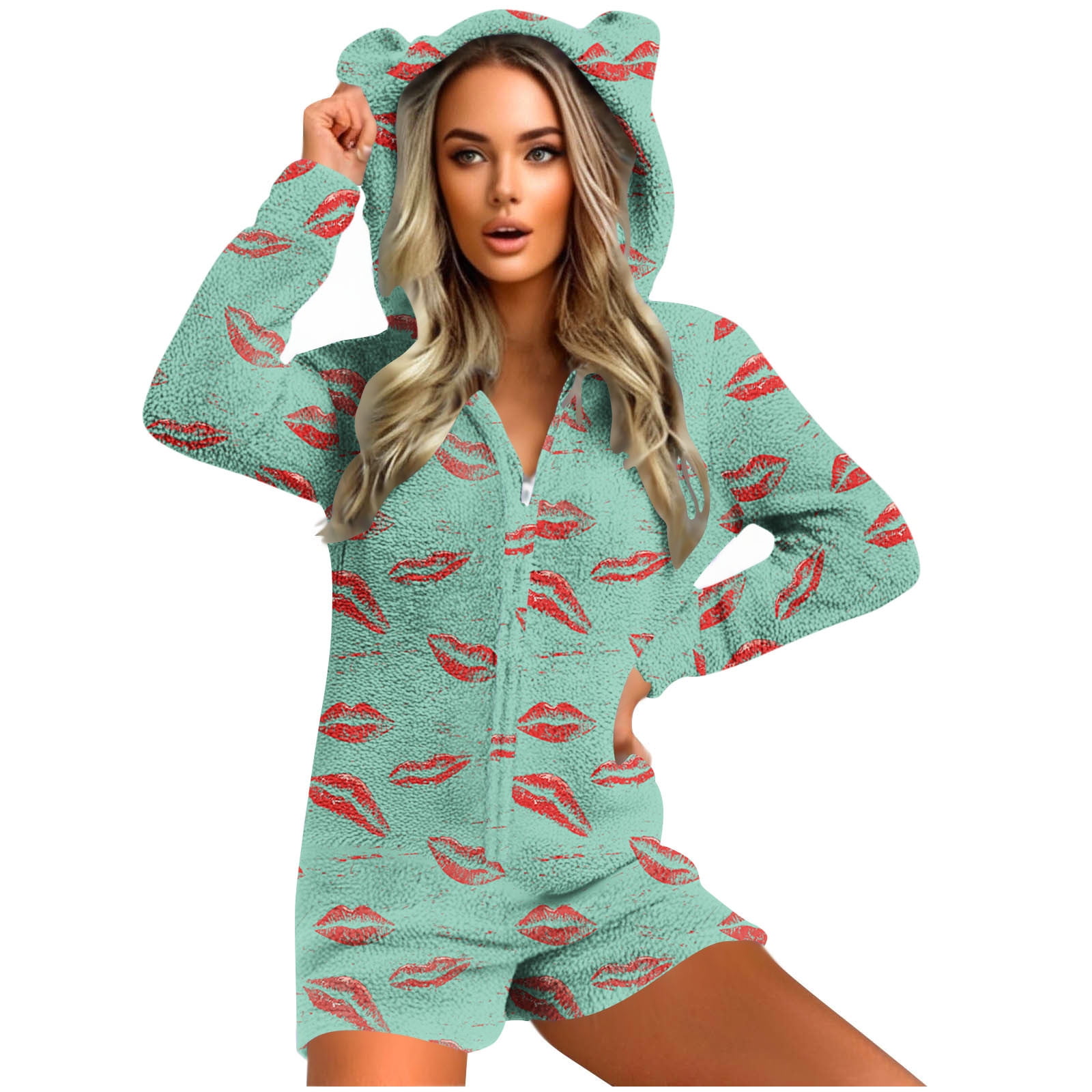 Womens Long Sleeve Onesies Pajamas Fuzzy Zip-Up Hooded Romper Warm Short Playsuit Jumpsuit Fleece Sherpa Sleepwear Green, S