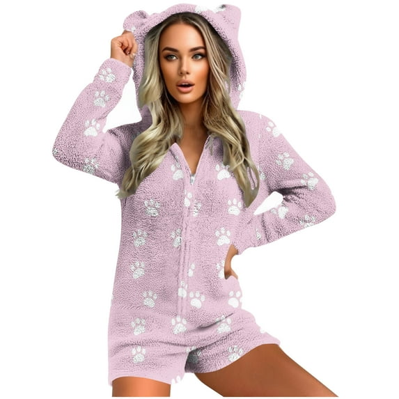 Womens Long Sleeve Onesies Pajamas Fuzzy Zip-Up Hooded Romper Warm Short Playsuit Jumpsuit Fleece Sherpa Sleepwear Pink, XXL