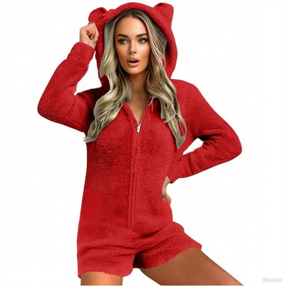 Womens Long Sleeve Onesies Pajamas Fuzzy Zip-Up Hooded Romper Warm Short Playsuit Jumpsuit Fleece Sherpa Sleepwear Red, S