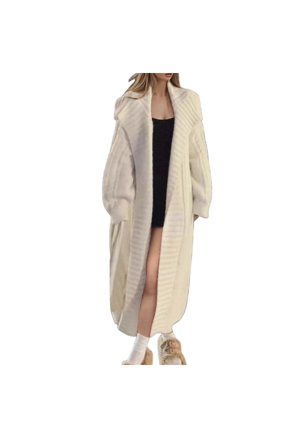 Womens Long Sleeve Open Cardigan Warm Cable Knit Extra Long Cardigan Sweaters Beige One Size
