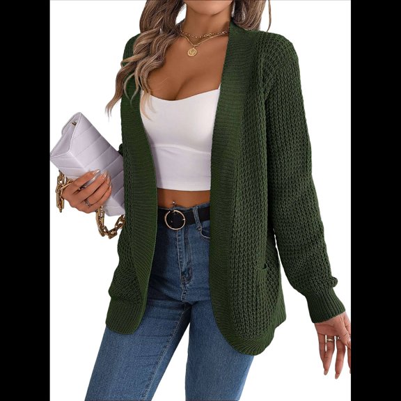 Womens Long Sleeve Open Front Cardigan Chunky Knit Draped Sweaters Outwear Green S