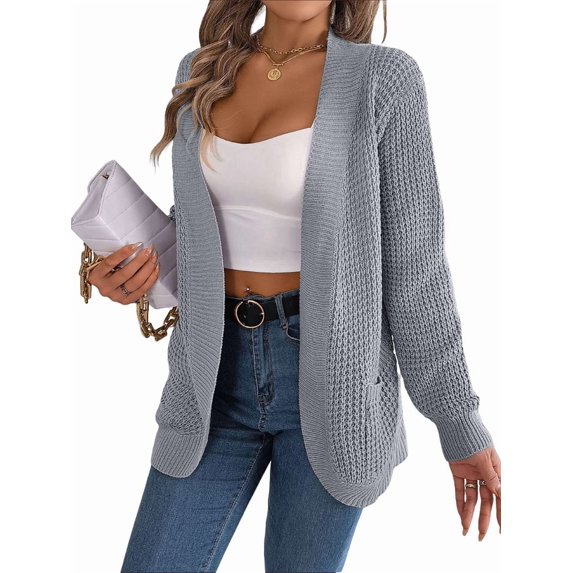 Womens Long Sleeve Open Front Cardigan Chunky Knit Draped Sweaters Outwear Grey L