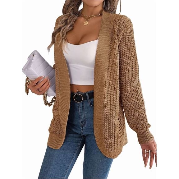 Womens Long Sleeve Open Front Cardigan Chunky Knit Draped Sweaters Outwear Khaki M