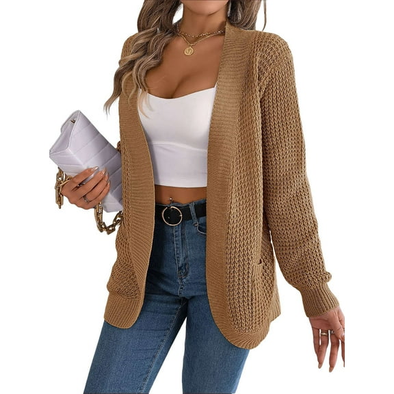 Womens Long Sleeve Open Front Cardigan Chunky Knit Draped Sweaters Outwear Khaki S