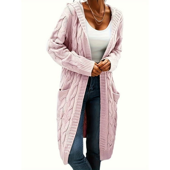 Womens Long Sleeve Open Front Cardigans Hooded Jacket Chunky Knit Draped Sweaters Outwear Pink L