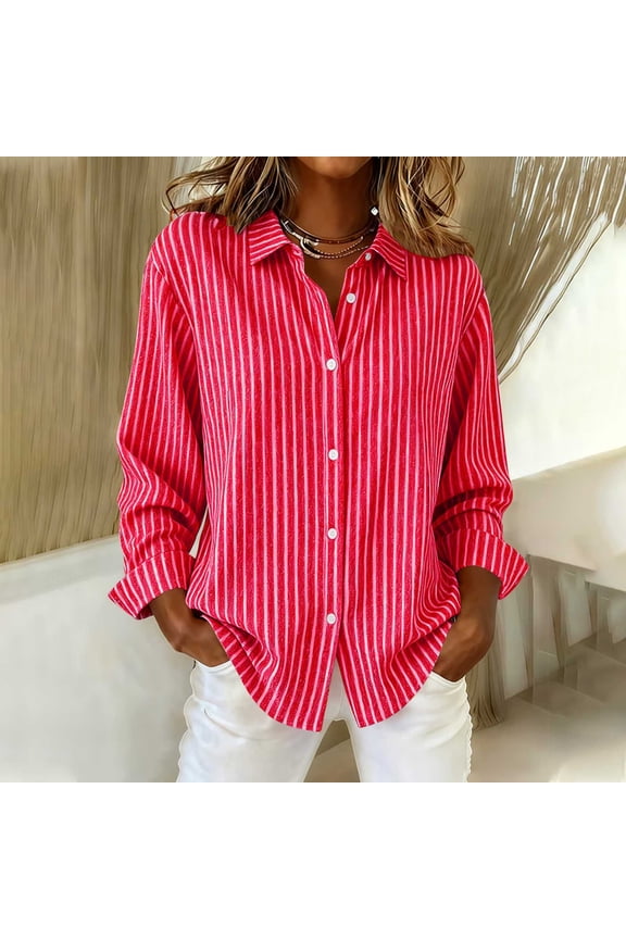 Womens Long Sleeve Oversized Button Down Shirts Casual Striped Blouse with Pockets Stretchy Comfortable Tops Watermelon Red,Size S