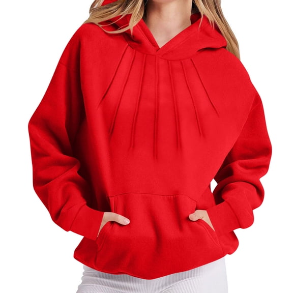 Womens Long Sleeve Oversized Hoodies Casual Pleated Hooded Sweatshirts Drop Shoulder Loose Shirts with Pockets, Red L