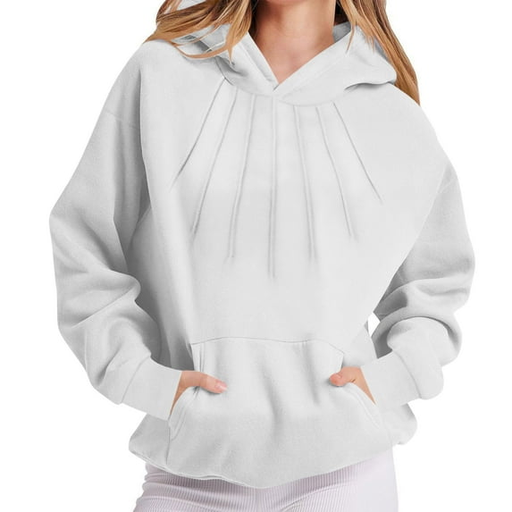Womens Long Sleeve Oversized Hoodies Casual Pleated Hooded Sweatshirts Drop Shoulder Loose Shirts with Pockets, White M