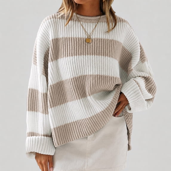 Womens Long Sleeve Oversized Striped Crew Neck Loose Fit Knitted Sweaters, S