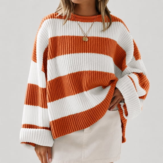 Womens Long Sleeve Oversized Striped Crew Neck Loose Fit Knitted Sweaters, S
