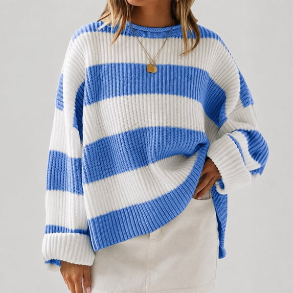 Womens Long Sleeve Oversized Striped Crew Neck Loose Fit Knitted Sweaters, XL