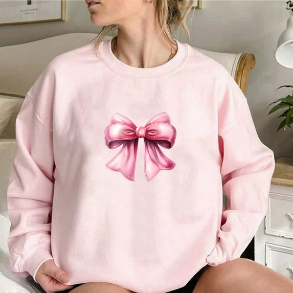 Womens Long Sleeve Oversized Sweatshirt Crew Neck Pink Hoodie for Women Cherry Ribbon Shirt Loose Casual Tee (Pink M)