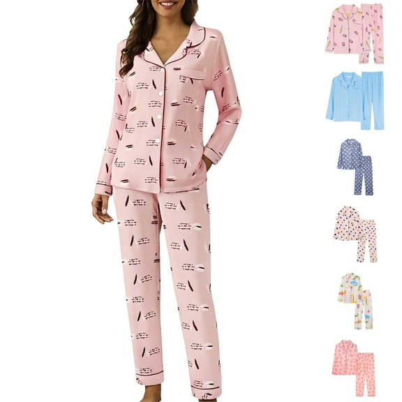 Womens Long Sleeve Pajama Set Soft Button Down Loungewear Two Piece PJ Set with Pockets