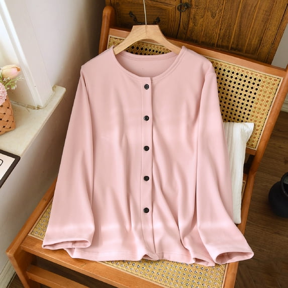 Womens Long Sleeve Pajama Tops Button down Crew Neck Casual Thin Fleece Shirts Solid Color Loose Fall Sleepwear New Fleece Pajamas for Women Soft Pinky M