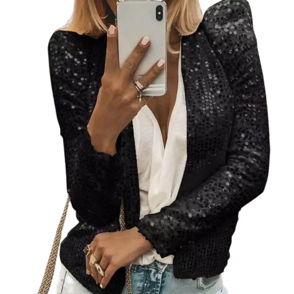Womens Long Sleeve Party Casual Cropped Coat Solid Color Sparkly Sequins Open Front Stand Collar Short Jackets Outwear