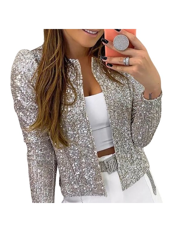 Womens Long Sleeve Party Casual Cropped Coat Solid Color Sparkly Sequins Open Front Stand Collar Short Jackets Outwear