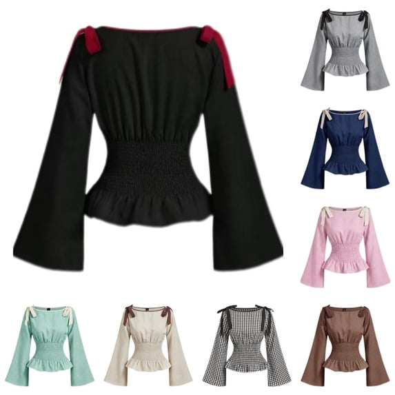 Womens Long Sleeve Pirate Shirt Top with Bow Pirate Outfit Halloween Cosplay Halloween for Adults, Size M