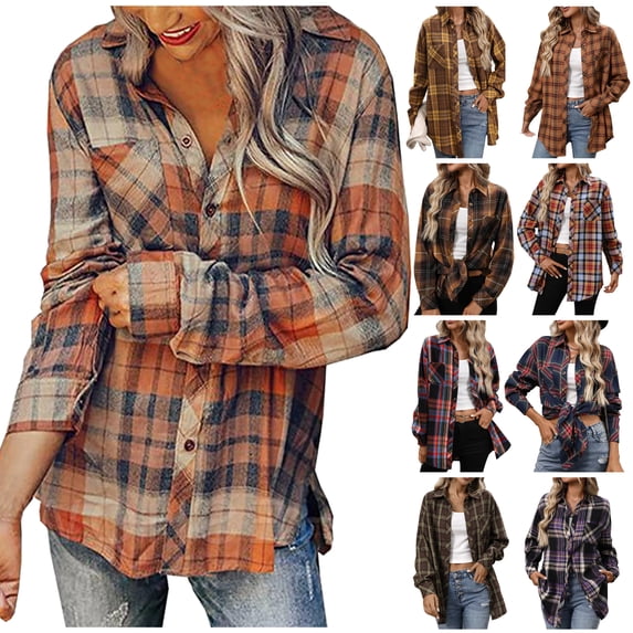 Womens Long Sleeve Plaid Shirts Cotton Button up Shirts Collared Shacket Jacket Casual Rolled Up Boyfriend Blouses Tops Dressy Blouses Medium Plaid Shirts