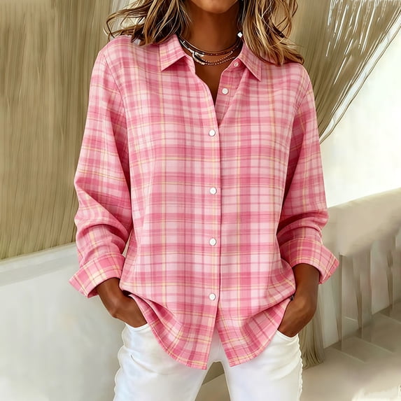 Womens Long Sleeve Plaid Shirts, Flannel Lapel Button Shackets Oversized Casual Loose Boyfriends Blouses Tops for Teens L , Spring Fall Ladies Jacket
