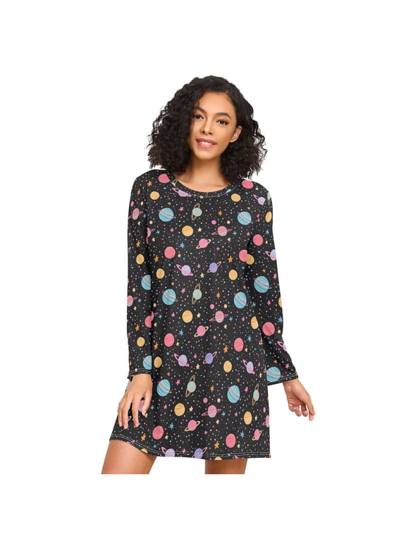 Womens Long Sleeve Playful Celestial Pattern Printed Nightgown Loose Round Neck A-Line Sleep Shirt Dress Casual Above Knee Loungewear