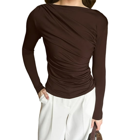 Womens Long Sleeve Pleated Tops Fall Crew Neck Fitted Shirts Y2k Going Out Casual Ruched Blouse Brown L