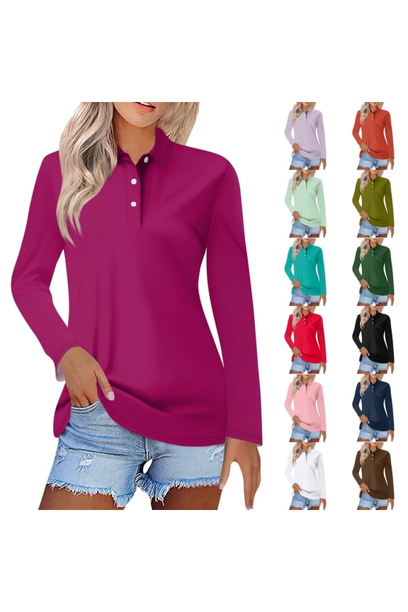 Womens Long Sleeve Polo Shirts Banded Bottom Tops, Business Casual Collared V Neck Blouses Black S