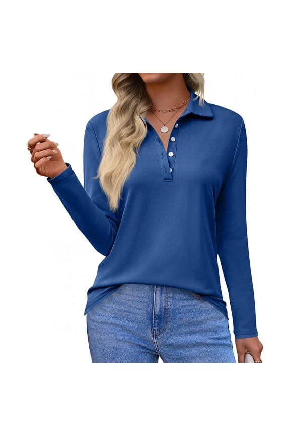 Womens Long Sleeve Polo Shirts Business Work Casual V Neck Collared Tops Button Down Loose Fit Tees Shirts Blue 2XL