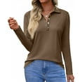 thumbnail image 1 of Womens Long Sleeve Polo Shirts Business Work Casual V Neck Collared Tops Button Down Loose Fit Tees Shirts Brown M, 1 of 4