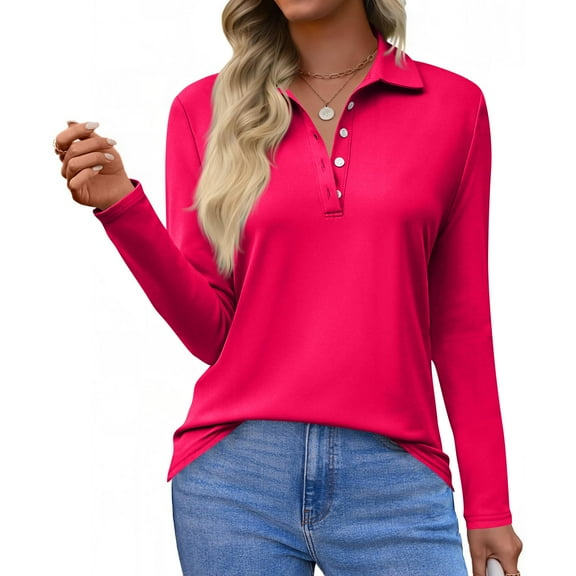 Womens Long Sleeve Polo Shirts Business Work Casual V Neck Collared Tops Button Down Loose Fit Tees Shirts Hot Pink L